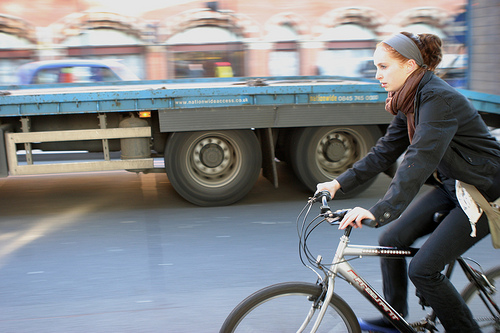 HGV and woman cyclist